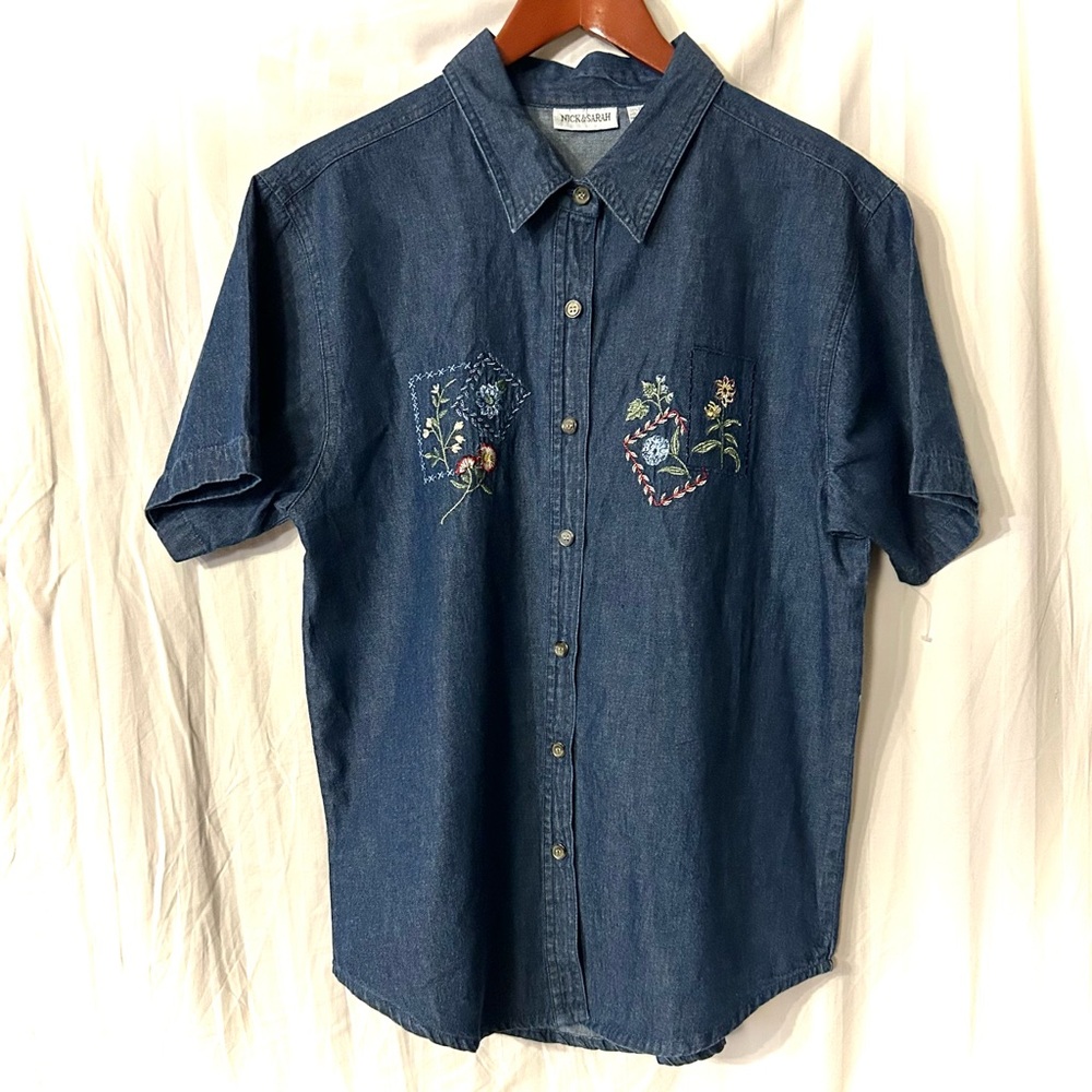 Denim Button Down Short Sleeve Shirt with Embroidered Floral Details